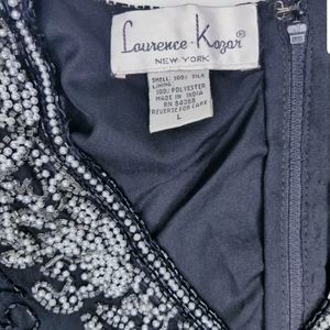 80s Vtg Laurence Kazar Silk Black Silver Beaded Top Women's Large Dressy Disco